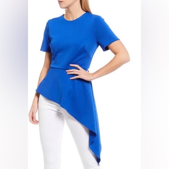 Vince Camuto Crepe Ponte Dramatic Asymmetrical Peplum Royal Blue Boss Babe Top - Picture 1 of 10